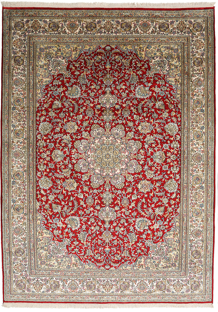 Kashmir Pure Silk Red & Blue Carpet 5 x 8 ft hand knotted