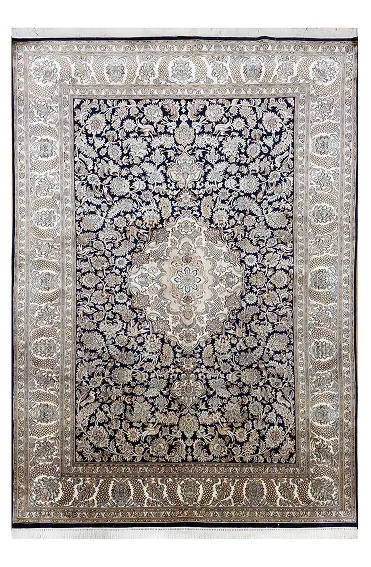 Handmade Kashmir Pure Silk Carpet (Blue/Beidge) 6 x 4 ft Hand knotted