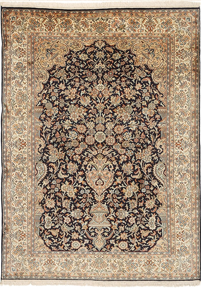 Kashmir pure silk (Yellow & Navy Blue Carpet) 4 x 6 ft hand knotted